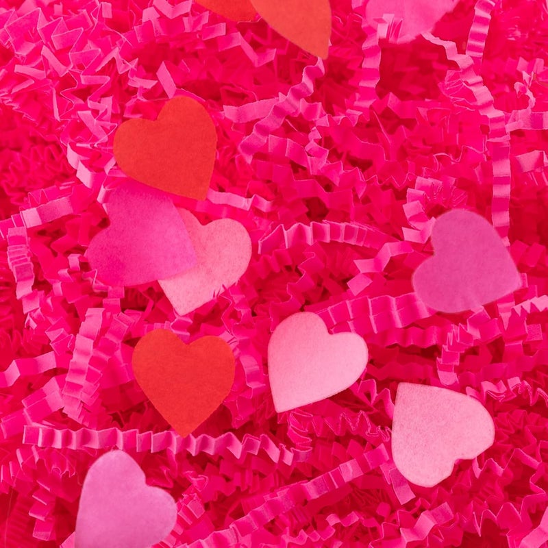 Jocomoni 1LB Valentine's Day Crinkle Cut Paper Shred Filler Pink Crinkle Cut Paper with Heart Confetti Shredded Filler Raffia Paper for Gift Wrapping Craft DIY Packaging Filling Party Supply - Image 1